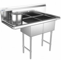Prepline 42" Stainless Steel Two Compartment Commercial Sink with Left Drainboard - 14" x 16" Bowls
