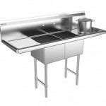 Prepline 52" Stainless Steel Two Compartment Commercial Sink with Left and Right Drainboard - 14" x 16" Bowls