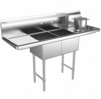 Prepline 52" Stainless Steel Two Compartment Commercial Sink with Left and Right Drainboard - 14" x 16" Bowls