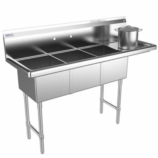 Capture Prepline 56" Stainless Steel Three Compartment Commercial Sink with Right Drainboard - 14" x 16" Bowls - Image 1