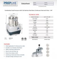 Prepline PCFP-5B Combination Food Processor with 5 Qt Stainless Steel Bowl, Continuous Feed and 4 Discs - 1HP - Image 2