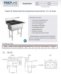 Prepline 33" Stainless Steel Two Compartment Commercial Sink - 14" x 16" Bowls - Image 2