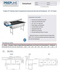Prepline 74" Stainless Steel 3 Compartment Commercial Sink with Left Drainboard - 18" x 18" Bowls - Image 2