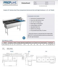 Prepline 74" Stainless Steel Three Compartment Commercial Sink with Right Drainboard - 18" x 18" Bowls - Image 2
