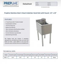 Prepline Stainless Steel 1 Bowl Underbar Hand Sink with Faucet- 14" x 18" - Image 2