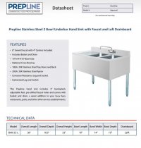 Prepline Stainless Steel 2 Bowl Underbar Hand Sink with Faucet and Left Drainboard- 36" x 18" - Image 2