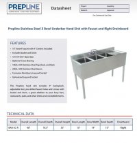 Prepline Stainless Steel 3 Bowl Underbar Hand Sink with Faucet and Right Drainboard - 48" x 18" - Image 2