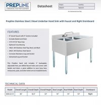 Prepline Stainless Steel 2 Bowl Underbar Hand Sink with Faucet and Right Drainboard- 36" x 18" - Image 2