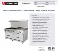 Cookline CR60-24G-LP Liquid Propane 60" Commercial Range, 6 Burner, 2 Oven, 24" Flat Griddle - 282,000 BTU - Image 2