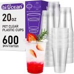 BIOCEAN 20oz Pet Clear Plastic Cups 98mm, 50 pieces x 12 bags- 600 pieces/case