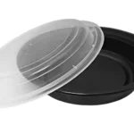 DM 7'' Black Plastic Round Microwavable Container With Lid 24oz- 150 Combo Pack