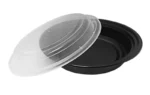 DM 7'' Black Plastic Round Microwavable Container With Lid 24oz- 150 Combo Pack