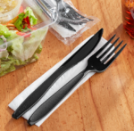 Solo Impress Heavy Weight Black Wrapped Plastic Cutlery Set with Fork, Knife, and Napkin - 250/Case - Image 2