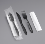 Solo Impress Heavy Weight Black Wrapped Plastic Cutlery Set with Fork, Knife, and Napkin - 250/Case