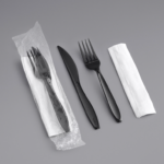Solo Impress Heavy Weight Black Wrapped Plastic Cutlery Set with Fork, Knife, and Napkin - 250/Case