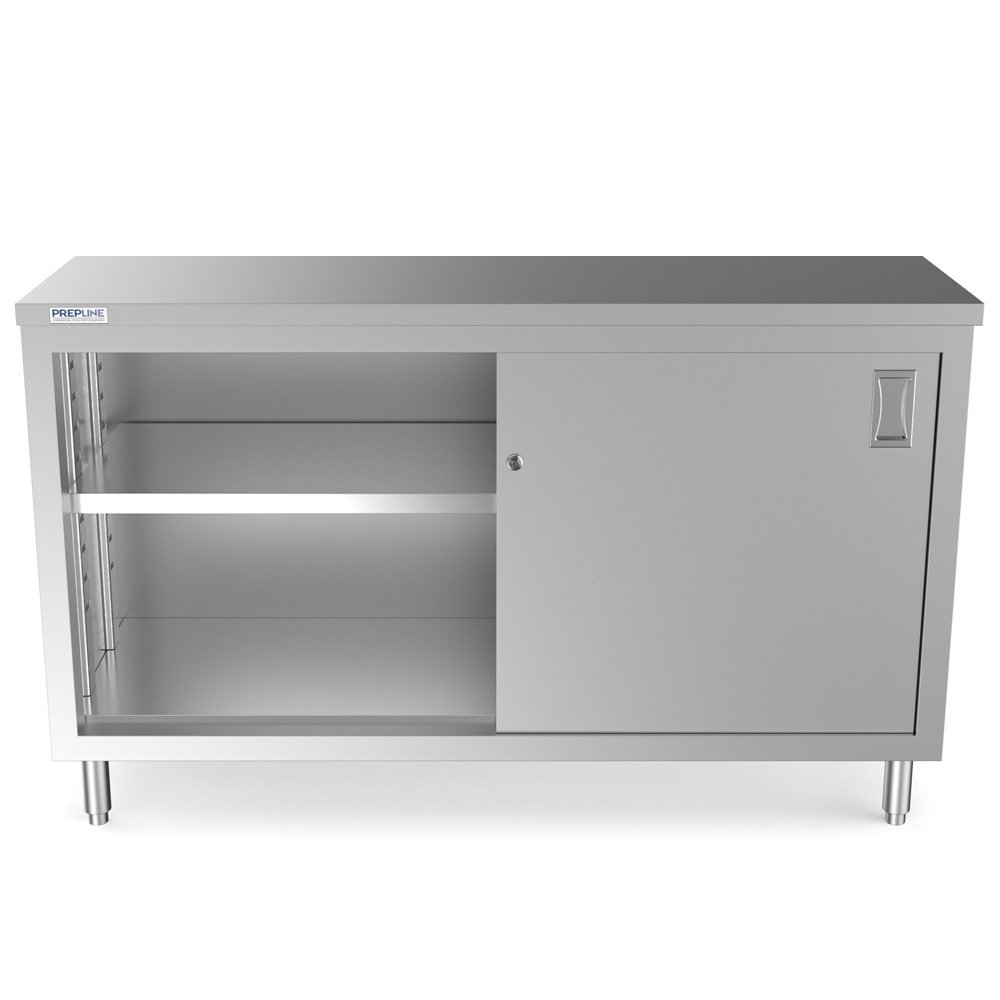 18x60-open-door.jpg Prepline PC-1860 18"D x 60"L Stainless Steel Enclosed Base Work Table with Sliding Doors and Adjustable Shelf - Image 1