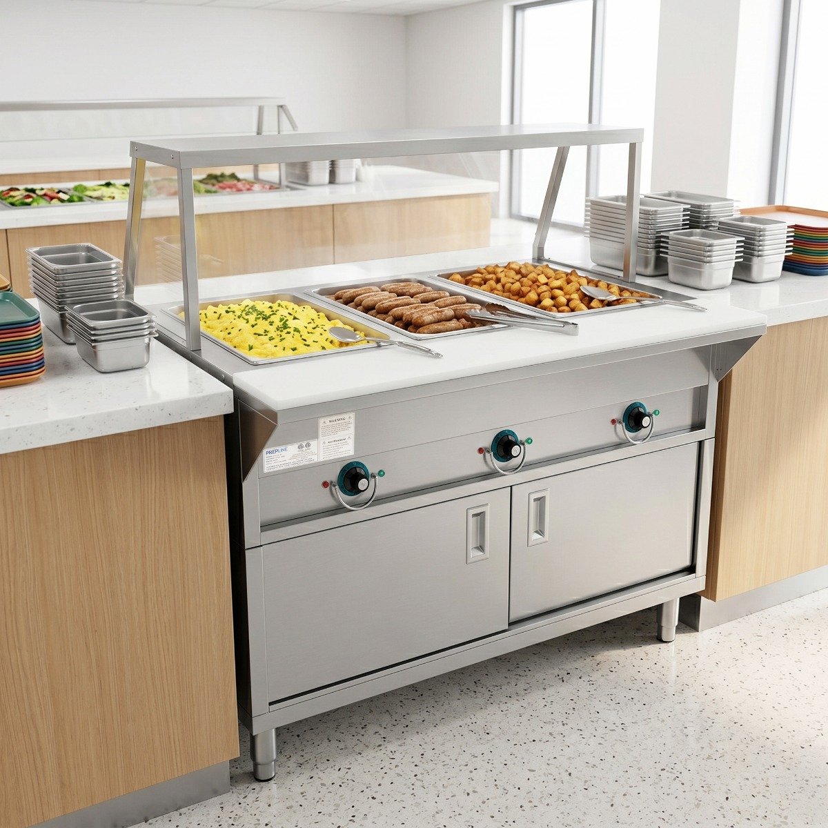 48inch-three-well-electric-hot-food-steam-table-with-sneeze-guard-and-cabinet-lifestyle.jpg Prepline 48" Three Pan Sealed Well Electric Hot Food Steam Table with Sneeze Guard and Enclosed Base - 120V, 1500W - Image 1