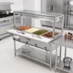 Prepline 60" Four Well Gas Hot Food Steam Table with Lighted Sneeze Guard and Undershelf