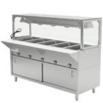 Prepline 74" Five Pan Sealed Well Gas Hot Food Steam Table with Lighted Sneeze Guard and Sliding Doors - Image 3