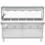 Prepline 74" Five Pan Sealed Well Gas Hot Food Steam Table with Lighted Sneeze Guard and Sliding Doors - Image 2