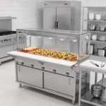 Prepline 74" Five Pan Sealed Well Gas Hot Food Steam Table with Lighted Sneeze Guard and Sliding Doors