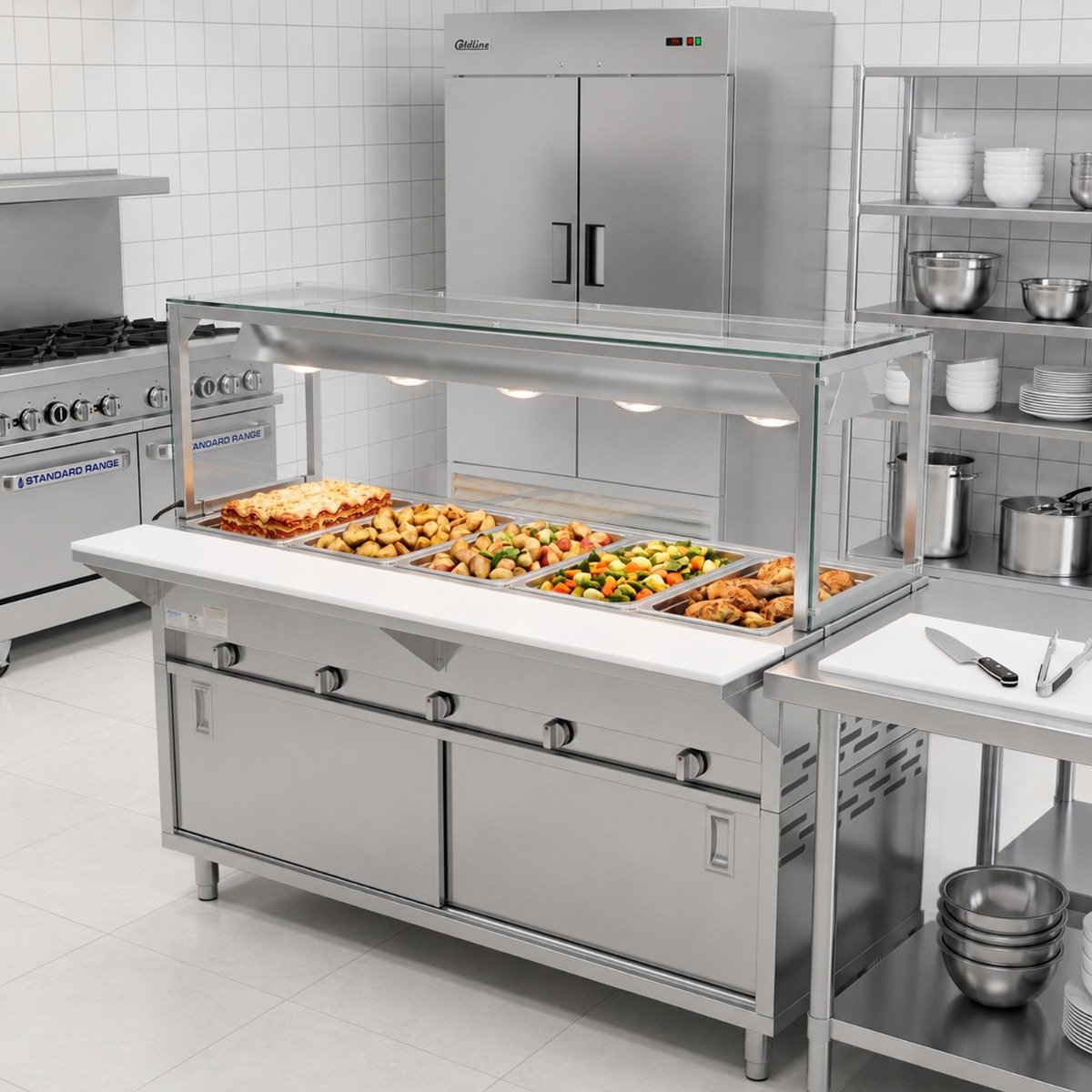 74-five-pan-sealed-well-gas-hot-food-steam-table-with-enclosed-base-and-sliding-doors-ligting-sneeze-guard-lifestyle.jpg Prepline 74" Five Pan Sealed Well Gas Hot Food Steam Table with Lighted Sneeze Guard and Sliding Doors - Image 1