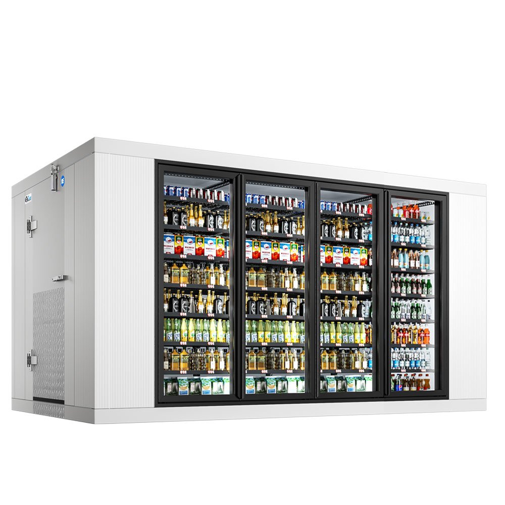 8x14-walk-in-merchandiser-cooler.jpg Coldline 8 x 14 Four Glass Door Walk-in Merchandiser Cooler Box with Floor - Image 1