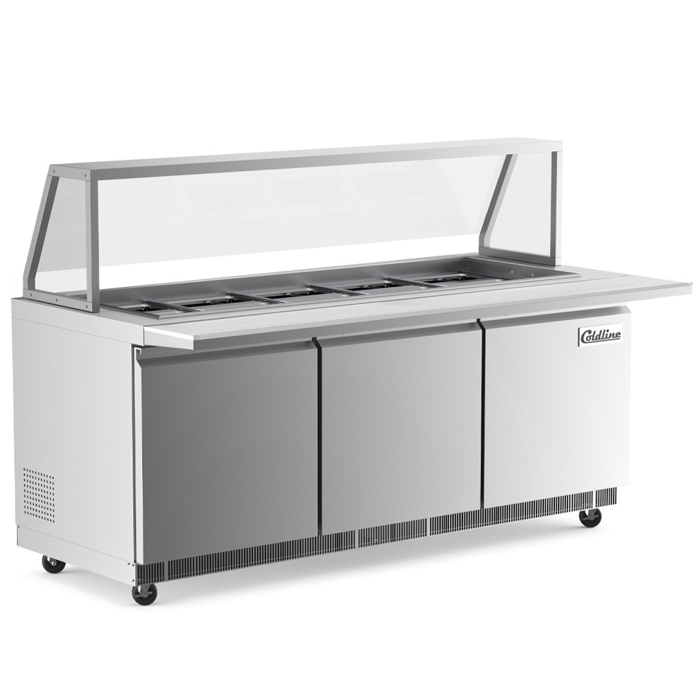 cbt72-sg-salad-bars.jpg Coldline CBT72-SG 72" Refrigerated Employee Service Salad Bar with Cutting Board and Angled Sneeze Guard - Image 1