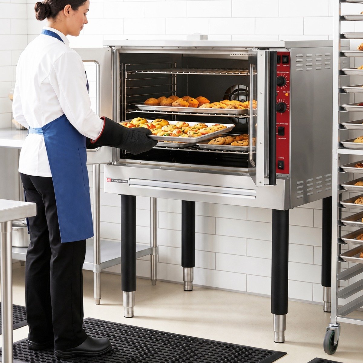 cv100-sgl-single-deck-full-size-electric-convection-oven-lifestyle_1.jpg Cookline CV100-SGL-240-1 Single Deck Full Size Electric Convection Oven - 240V, 1 Phase - Image 1