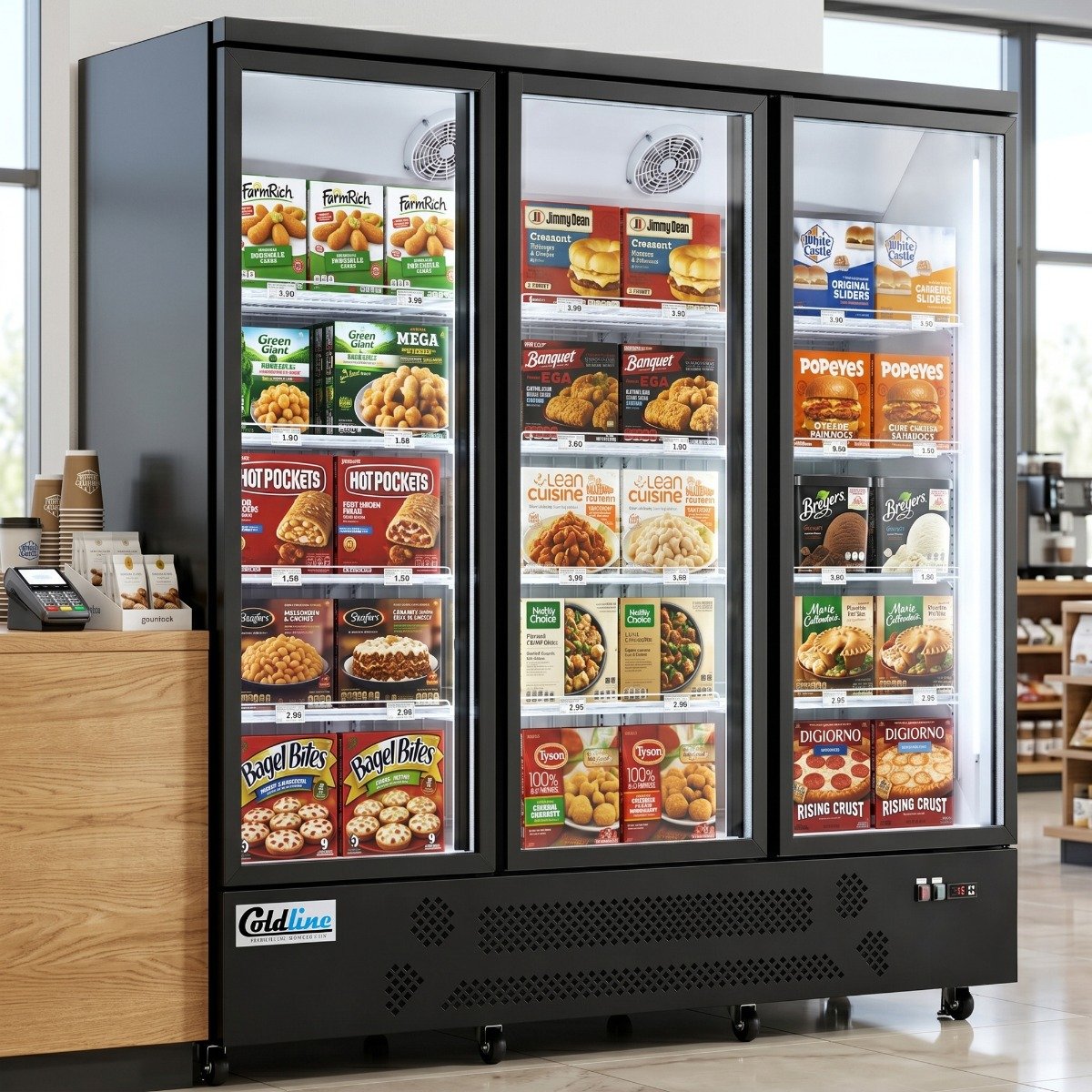 d3-74-three-glass-door-merchandiser-freezer-with-led-lighting-food-lifestyle_1.jpg Coldline D3-B 74" Three Glass Door Merchandiser Freezer with LED Lighting, Black - Image 1
