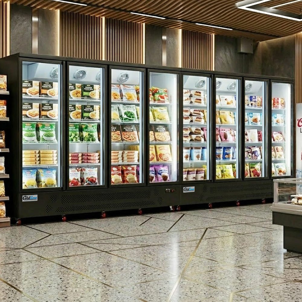 d8-b-197-8-glass-door-merchandiser-freezer-with-led-lighting-environmnet_1.jpg Coldline D8-B 197" Eight Glass Door Merchandiser Freezer with LED Lighting, Black - Image 1