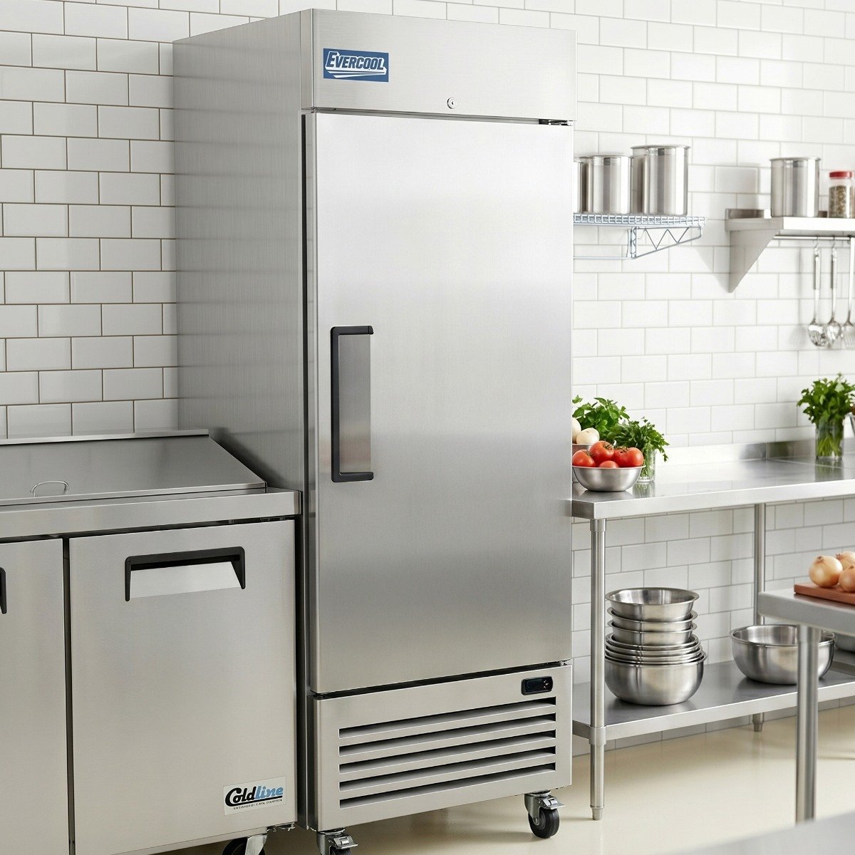 e-1re-one-door-reach-in-refrigerator-open-door-lifestyle_1.jpg Evercool E-1FE 29" Solid Door Commercial Reach-In Freezer - Stainless Steel - Image 1
