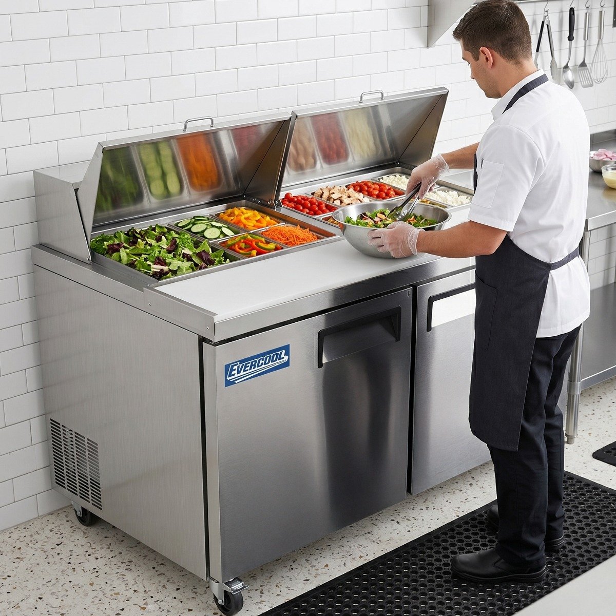 esp60-refrigerated-sandwich-prep-table-lifestyle.jpg Evercool ESP60 60" Refrigerated Sandwich Prep Table with Cutting Board and 16 Food Pans - Image 1