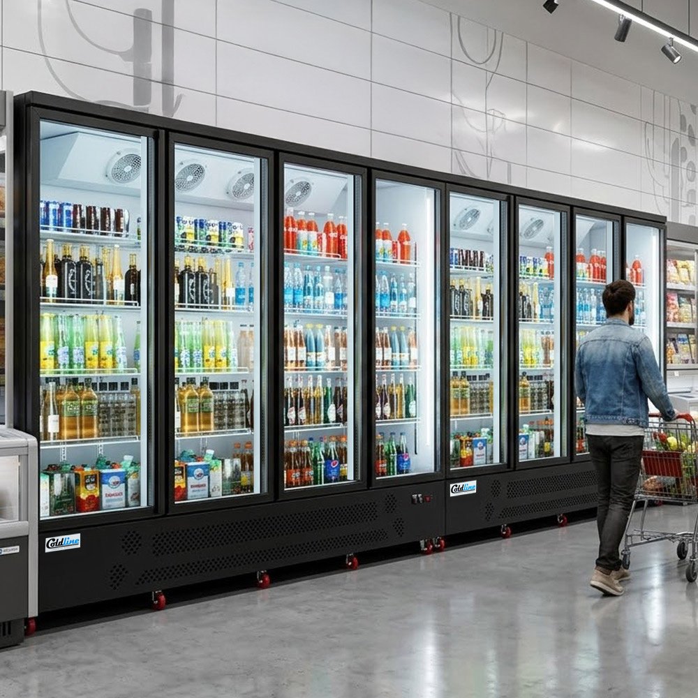 g8-b-197-8-glass-door-merchandiser-refrigerator-with-led-lighting-environmnet_1.jpg Coldline G8-B 197" Eight Glass Door Merchandiser Refrigerator with LED Lighting, Black - Image 1