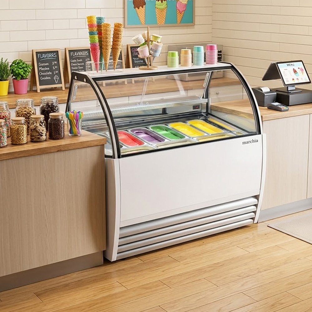 gic-9-51-9-pan-white-gelato-ice-cream-dipping-cabinet-display-freezer.jpg Marchia GIC-9 51" 9-Pan White Gelato Ice Cream Dipping Cabinet Display Freezer - Image 1