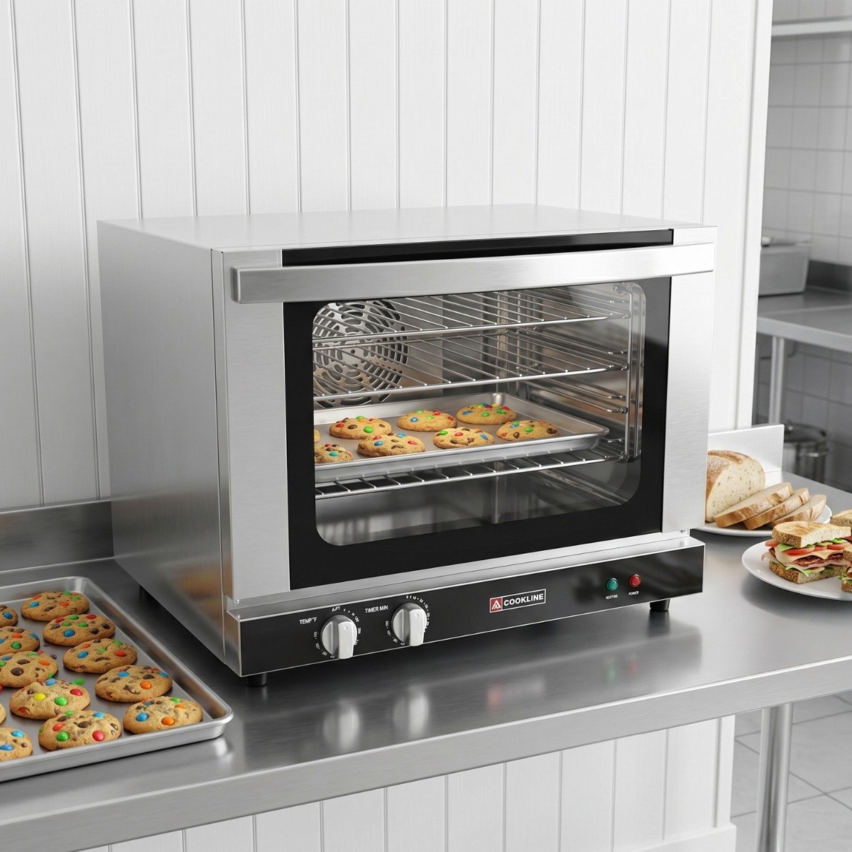 hcve-16-120-23inch-commercial-half-size-electric-countertop-convection-oven-door-lifestyle.jpg Cookline HCVE-16-120 23" Commercial Half Size Electric Countertop Convection Oven,120V - Image 1