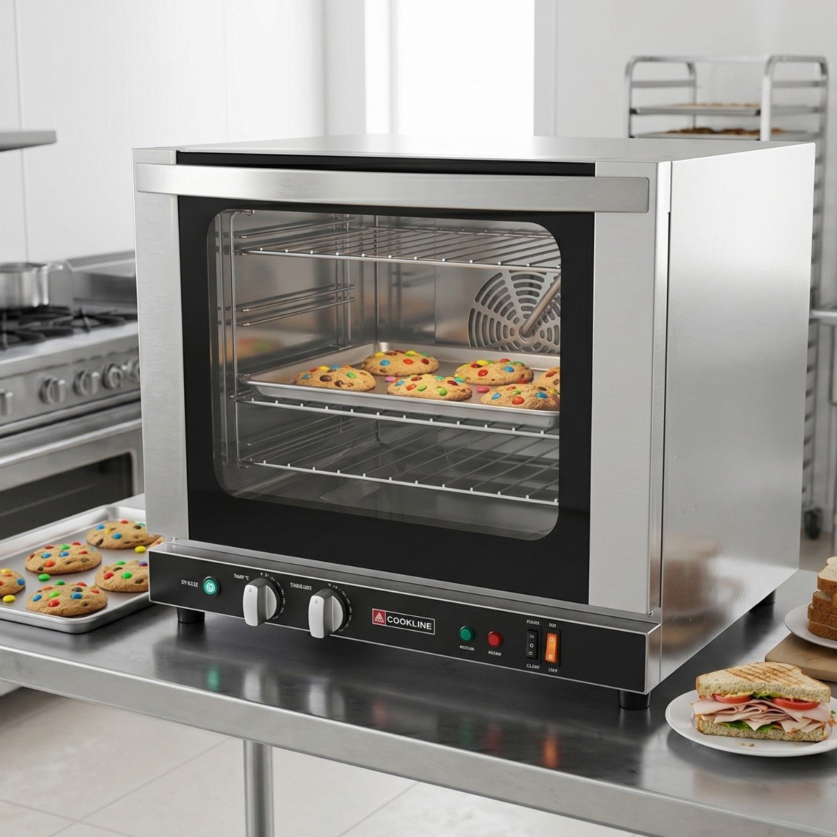hcve-32-240-23-inch-commercial-half-size-electric-countertop-convection-oven-with-steam-injection-lifestyle.jpg Cookline HCVE-32-240 23" Commercial Half Size Electric Countertop Convection Oven with Steam Injection, 220V - Image 1