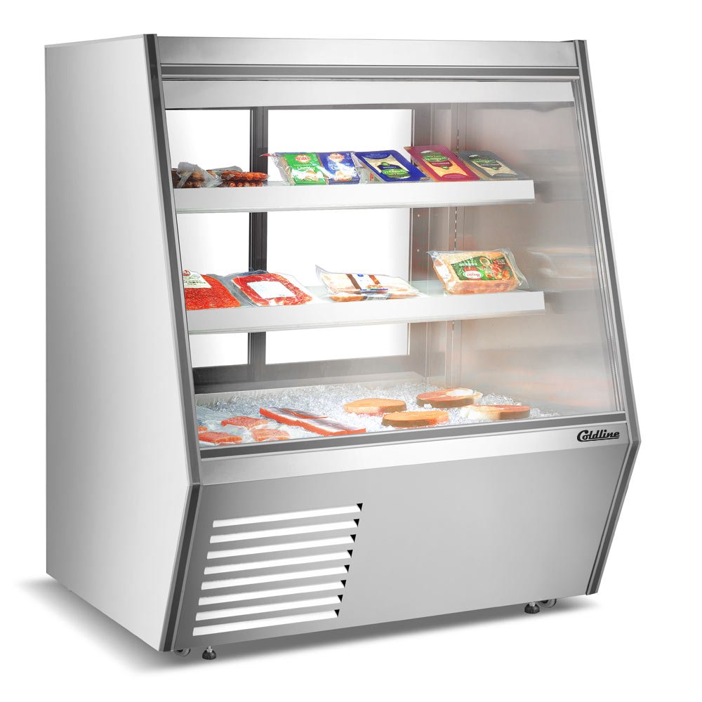 hdl48-raw-meat-deli-case_1.jpg Coldline HDL48-F 48" Refrigerated Slanted Glass Seafood Case with Built-in Drain and Rear Storage - Image 1
