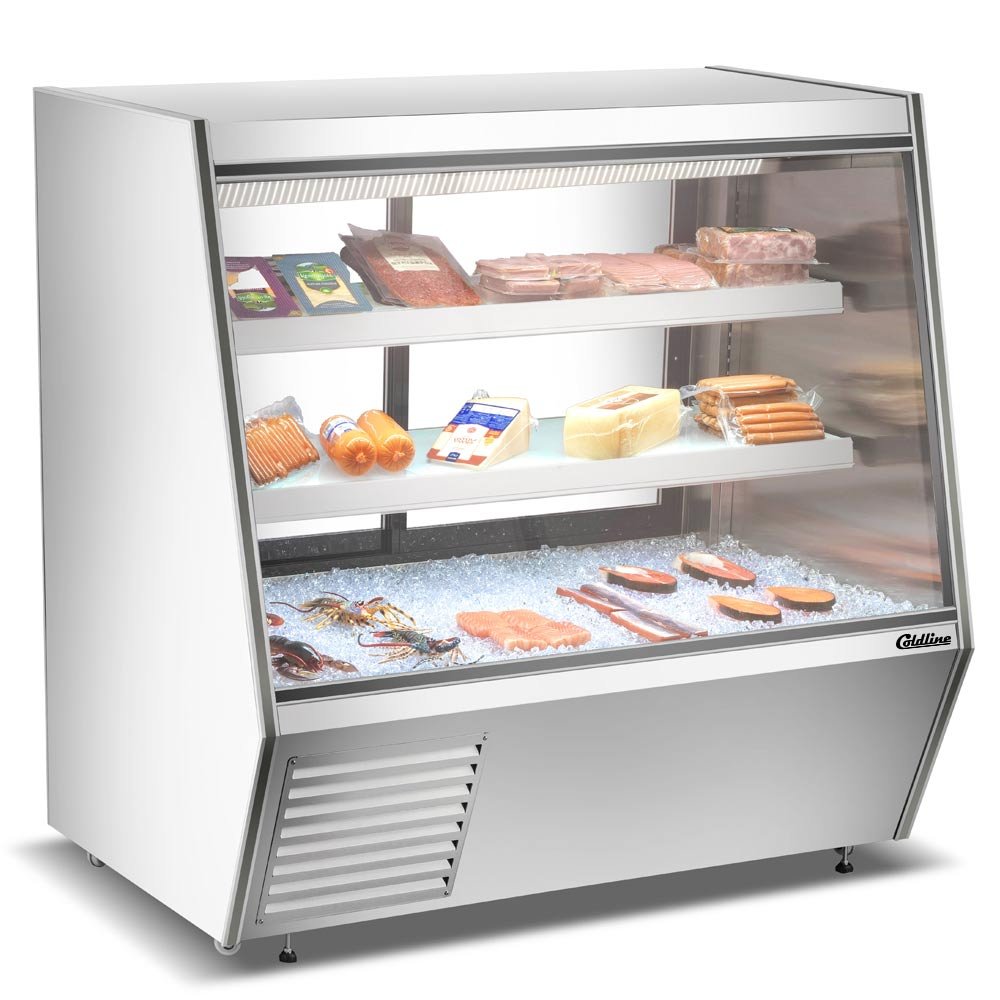 hdl60-seafood-food.jpg Coldline HDL60-F 60" Refrigerated Slanted Glass Seafood Case with Built-in Drain and Rear Storage - Image 1