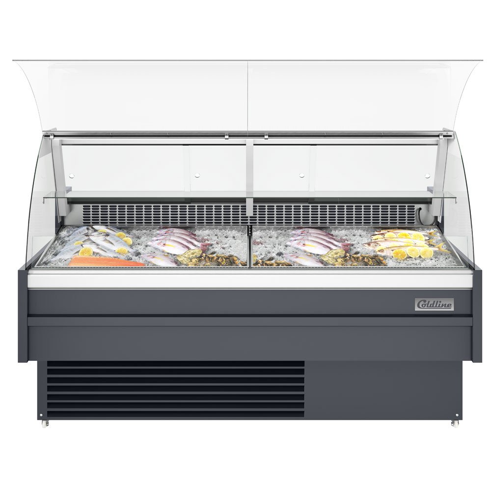 kitchenall_meatdisplay_72inch_front__final__w_fish_1_1.jpg Coldline SDC72-F 72" Refrigerated Fish Display Case with Ice Bin and Drain - Image 1