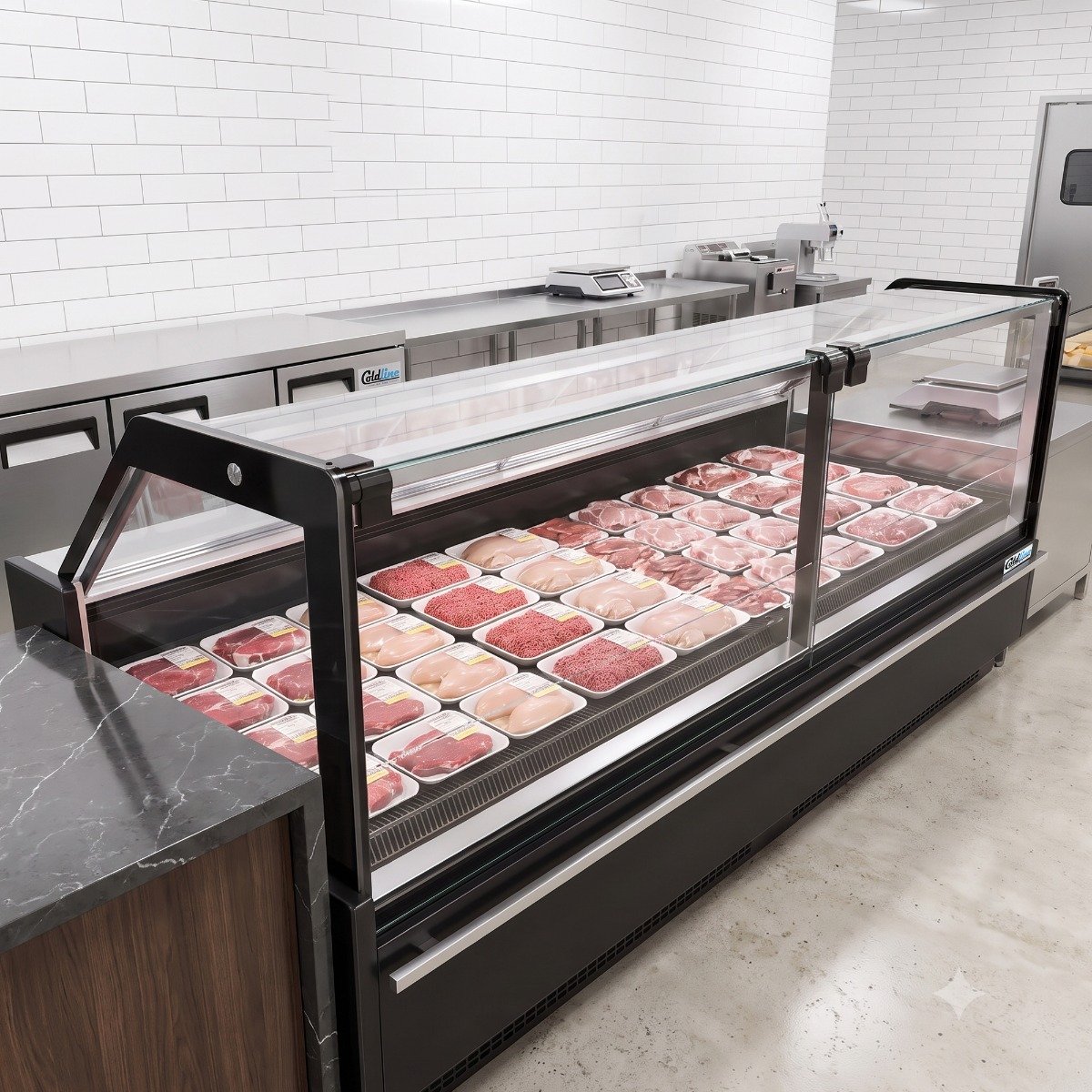 ldcd102-flat-straight-glass-deli-case-with-refrigerated-storage-underneath-updated-lifestyle-1.jpg Coldline LDCD102 102" Deep Depth Refrigerated Flat Straight Glass Meat Deli Case with Rear Storage - Image 1