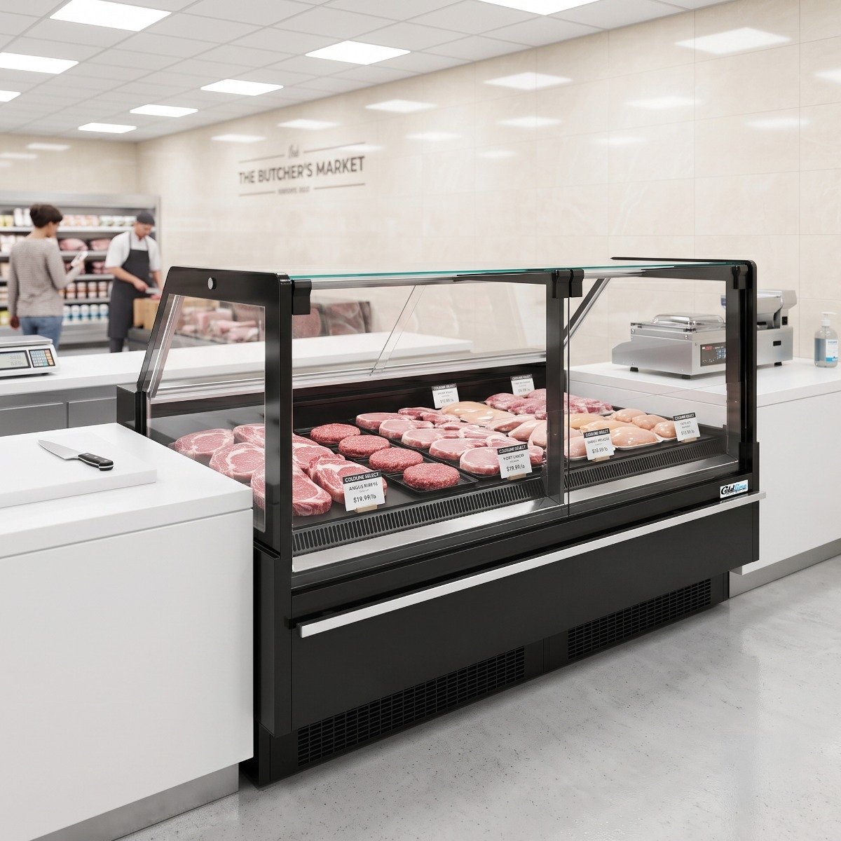 ldcd77-flat-straight-glass-deli-case-with-refrigerated-storage-underneath-lifestyle-1.jpg Coldline LDCD77 77" Deep Depth Refrigerated Flat Straight Glass Meat Deli Case with Rear Storage - Image 1