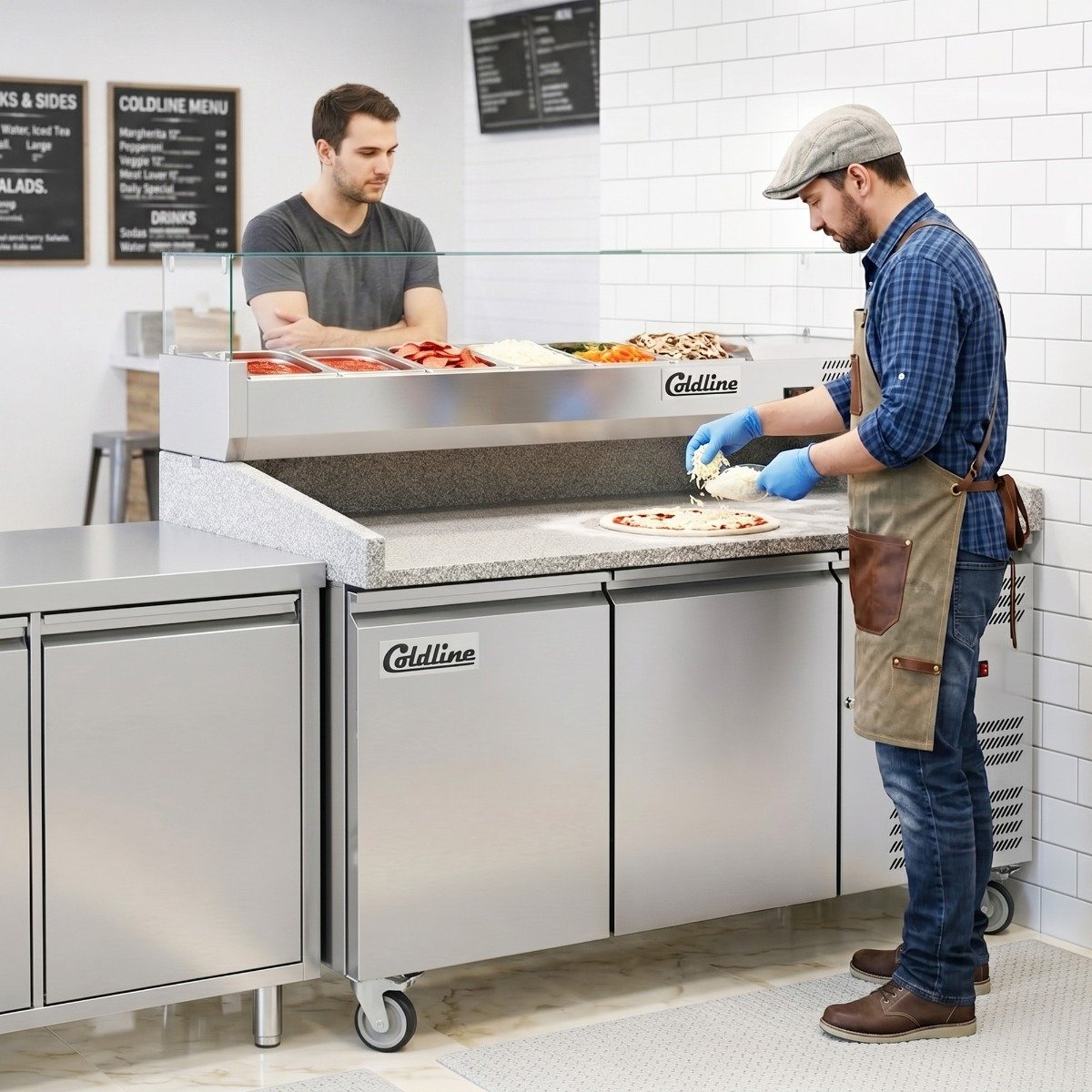 pdr-60-sg-60-refrigerated-pizza-prep-dough-retarder-with-refrigerated-glass-topping-rail.jpg Coldline PDR-60-SG 60" Refrigerated Pizza Prep Dough Retarder with Refrigerated Glass Topping Rail - Image 1
