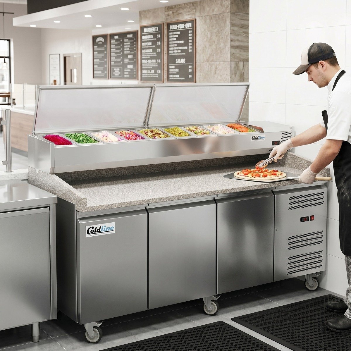 pdr-80n-ss-refrigerated-pizza-prep-dough-retarder-with-refrigerated-ss-topping-rail.jpg Coldline PDR-80N-SS 80" Refrigerated Pizza Prep Dough Retarder with Refrigerated Stainless Topping Rail - Image 1