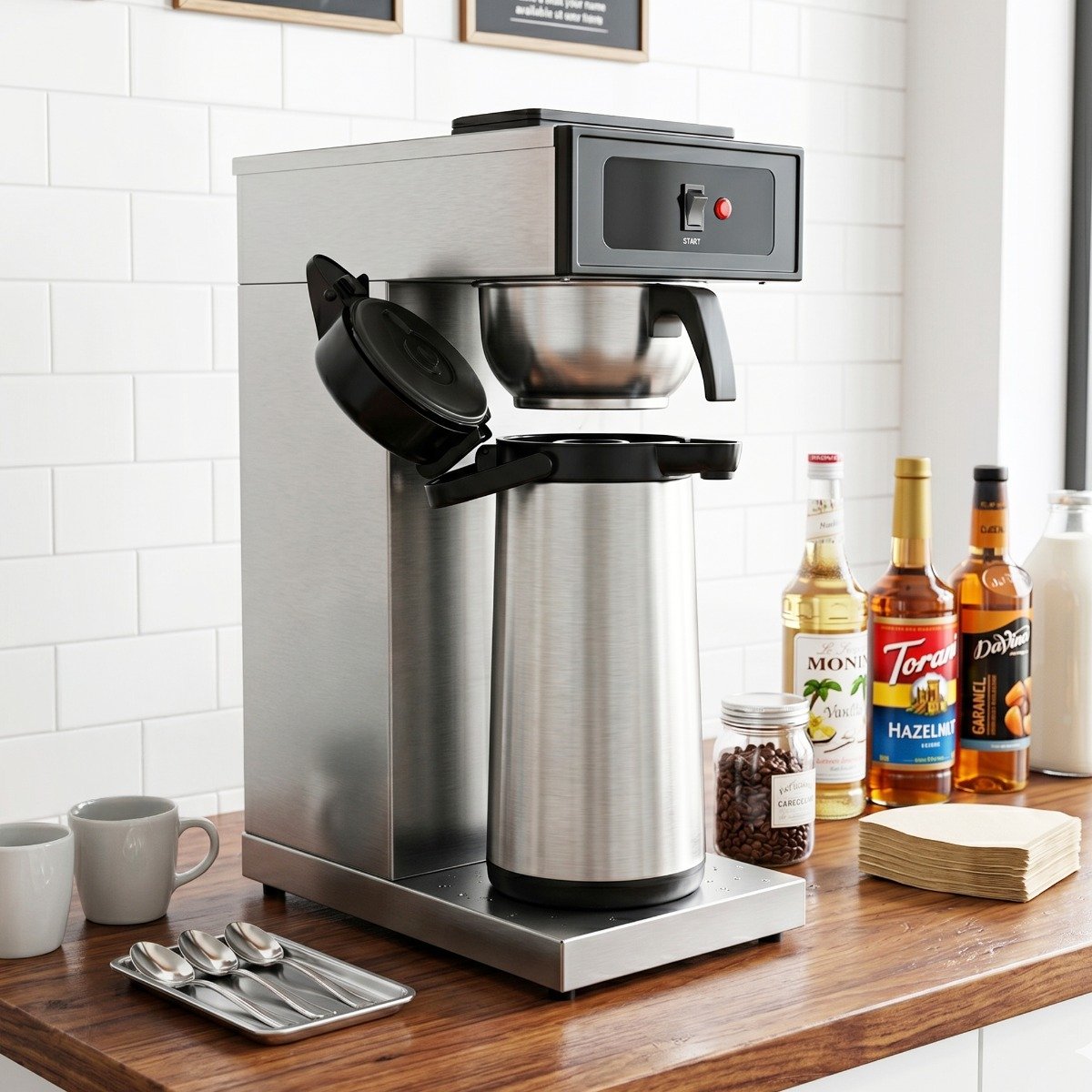 pourover-airpot-coffee-brewer-lifestyle_1.jpg Prepline CAFE-1PA Pourover Airpot Coffee Brewer with 1 Airpot- 120V - Image 1