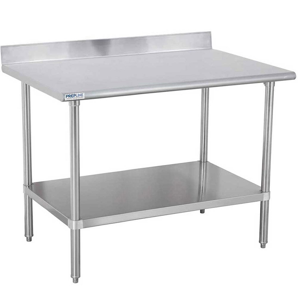 pwtg_14x48-4bs_gtufyii0elu7siwm.jpg Prepline PWTG-3048-4BS 30"D x 48"L Stainless Steel Worktable with Undershelf with 4" Backsplash - Image 1
