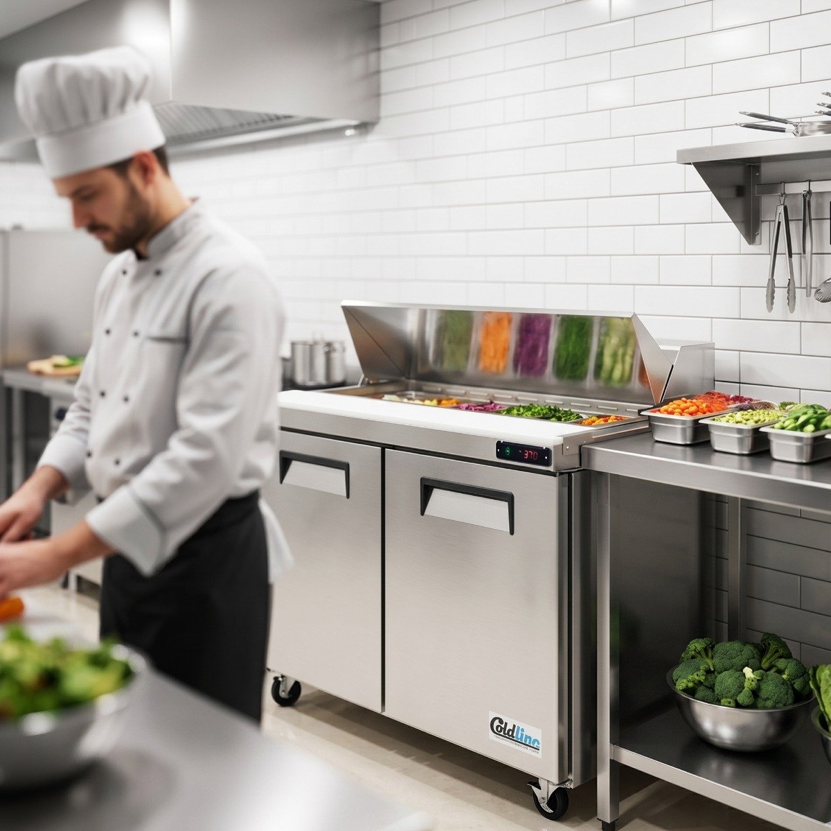 spn48-48-narrow-refrigerated-sandwich-prep-table-with-cutting-board-and-food-pans.jpg Coldline SPN-48 48" Narrow Depth Refrigerated Sandwich Prep Table with Cutting Board and 12 Food Pans - Image 1