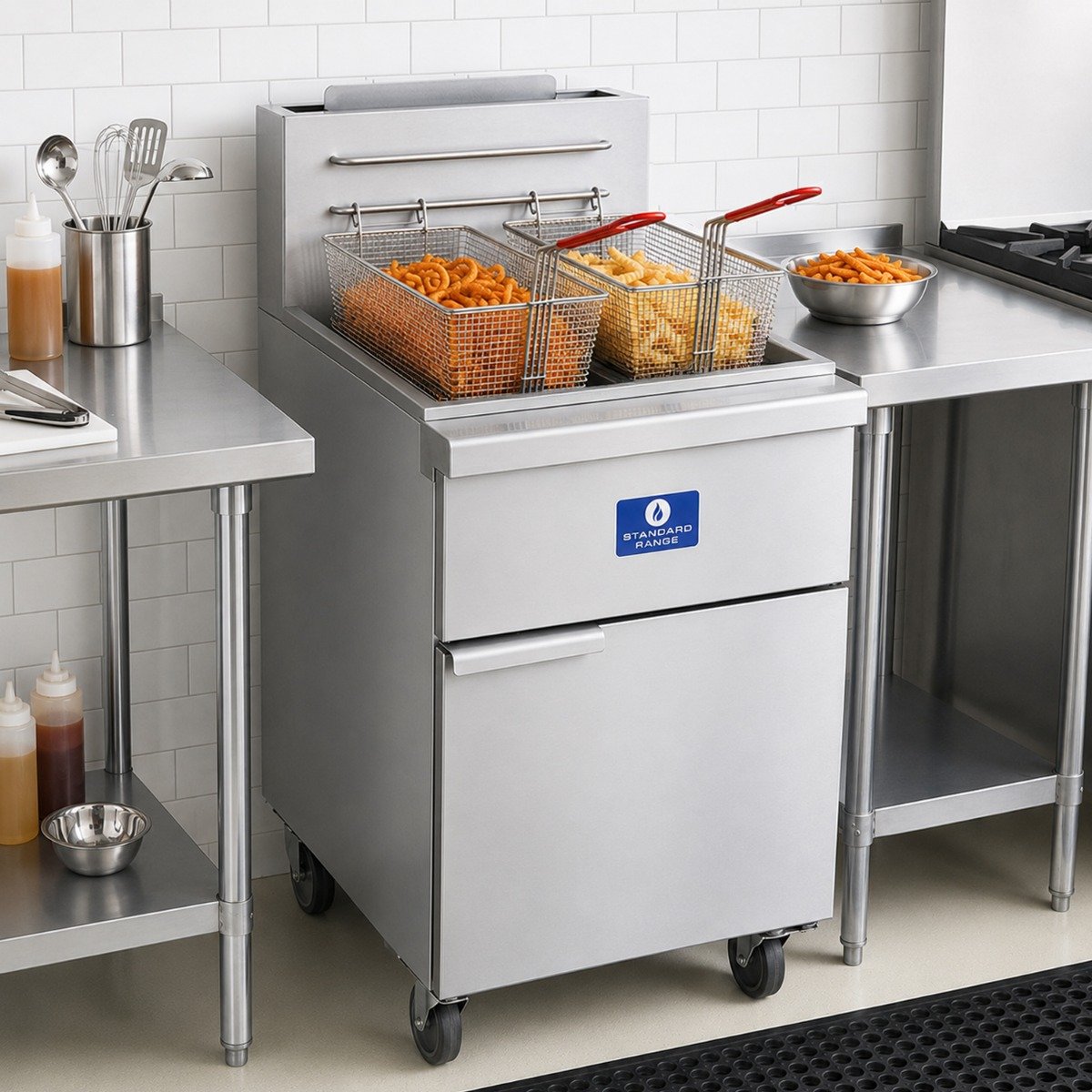 sr-f4d-ng-78-lb-natural-gas-stainless-steel-split-pot-floor-fryer-120000-btu-lifestyle_1.jpg Standard Range SR-F4D-LP 78 lb. Liquid Propane Gas Stainless Steel Split Pot Floor Fryer - 120,000 BTU - Image 1